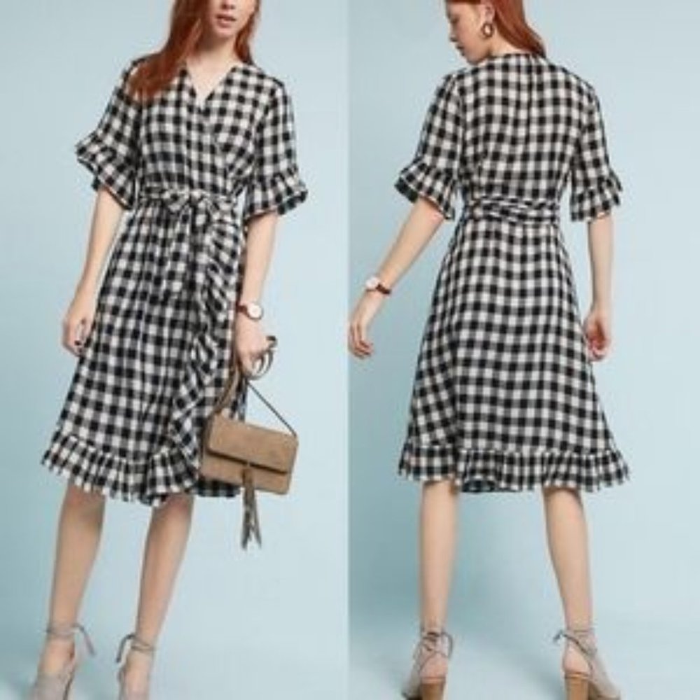 Anthropologie Gingham Flutter Wrap Dress